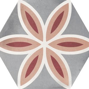 Gloss geometric pattern ceramic tile in a hexagon format. White background with flower motif in grey, white, pink and burgundy.