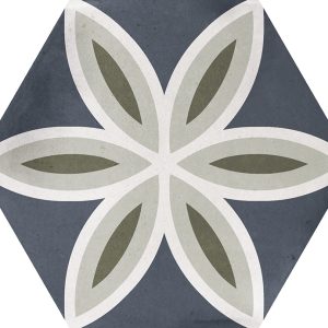 Gloss geometric pattern ceramic tile in a hexagon format. White background with flower motif in blue, white, green and khaki.