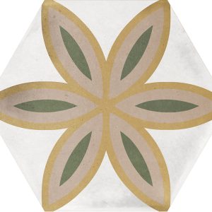Gloss geometric pattern ceramic tile in a hexagon format. White background with flower motif in yellow, pink and green.