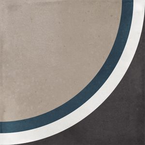 Gloss geometric pattern ceramic tile in 100x100mm format. Circular motif in black, white, blue and beige.