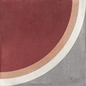 Gloss geometric pattern ceramic tile in 100x100mm format. Circular motif in grey, white, beige and burgundy.