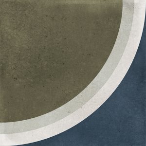 Gloss geometric pattern ceramic tile in 100x100mm format. Circular motif in blue, white, green and khaki.
