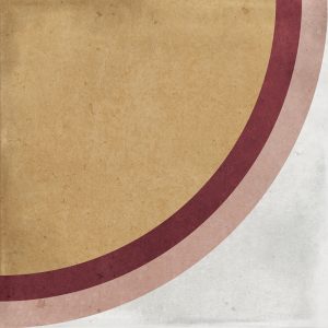 Gloss geometric pattern ceramic tile in 100x100mm format. Circular motif in white, pink, burgundy and yellow.