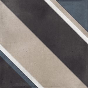 Gloss geometric pattern ceramic tile in 100x100mm format. Diagonal stripes in black, blue, white and beige.