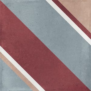 Gloss geometric pattern ceramic tile in 100x100mm format. Blue background with diagonal stripes in burgundy, white and beige.
