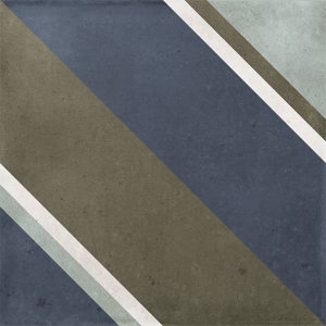 Gloss geometric pattern ceramic tile in 100x100mm format. Blue background with diagonal stripes in white green and khaki.
