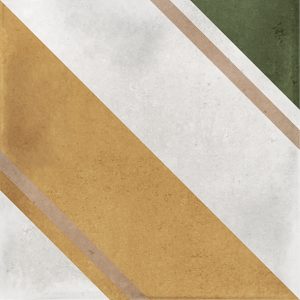 Gloss geometric pattern ceramic tile in 100x100mm format. White background with diagonal stripes in yellow, green and brown.