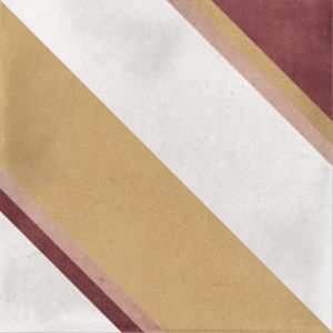 Gloss geometric pattern ceramic tile in 100x100mm format. White background with diagonal stripes in yellow, pink and burgundy.