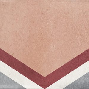 Gloss geometric pattern ceramic tile in 65x200mm format. Grey background with triangular motif in nude, burgundy and white