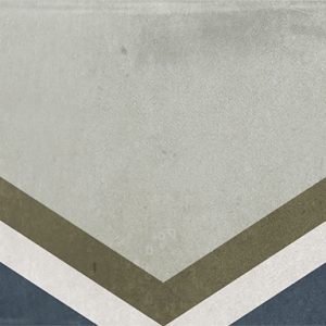 Gloss geometric pattern ceramic tile in 65x200mm format. Blue background with triangular motif in white, green and khaki.