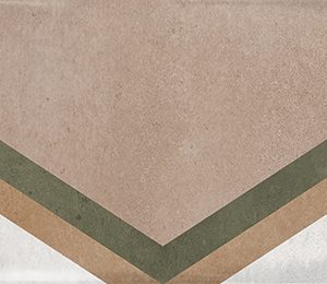 Gloss geometric pattern ceramic tile in 65x200mm format. White background with triangular motif in nude, green and brown.
