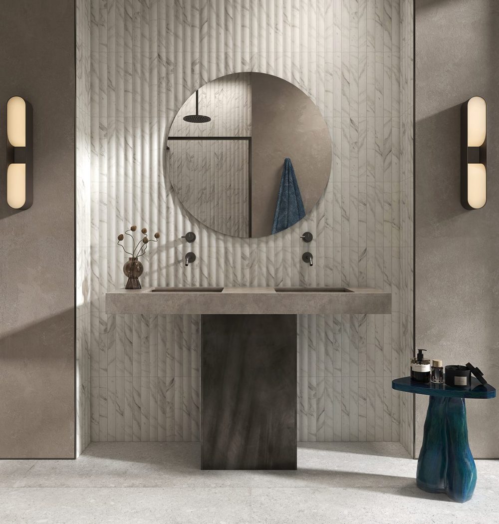 50×400mm white body marble effect ceramic tiles that create elegant and three-dimensional drapes that envelop the walls in a timeless stage of pure elegance. 3D tiles, Marble effect