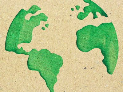 Green papercut world map made of recycled paper - Concept of ecology and recycling